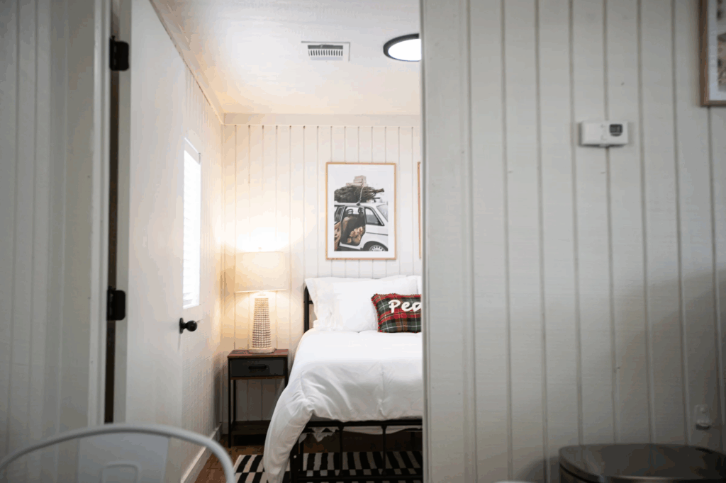 Christmas Casita Cabin Bedroom at Yuletide RV Park off of I-45 in Madisonville, TX