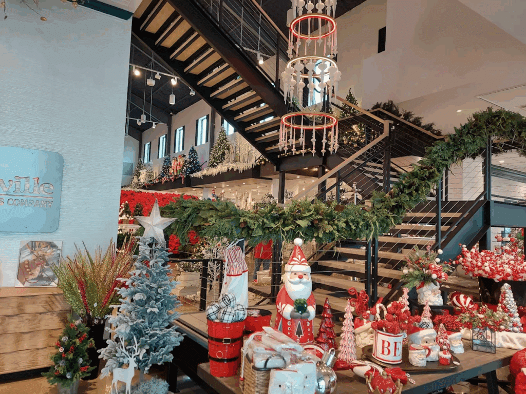 Christmas display on a staircase at Madisonville Christmas Company in Madisonville, TX.