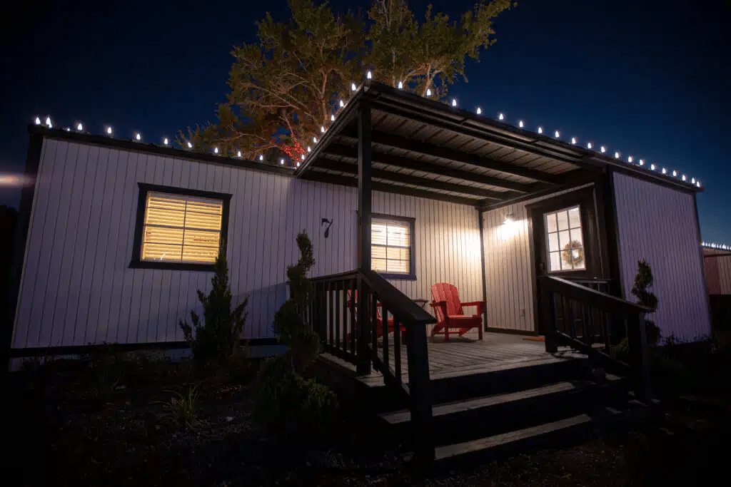 Exterior of a luxury, glamping-style cabin at Yuletide RV Park off of I-45 in Madisonville, TX. 