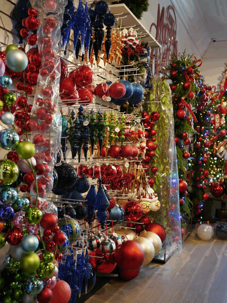 Rows of unique ornaments and Christmas decorations at Madisonville Christmas Company in Madisonville, TX.