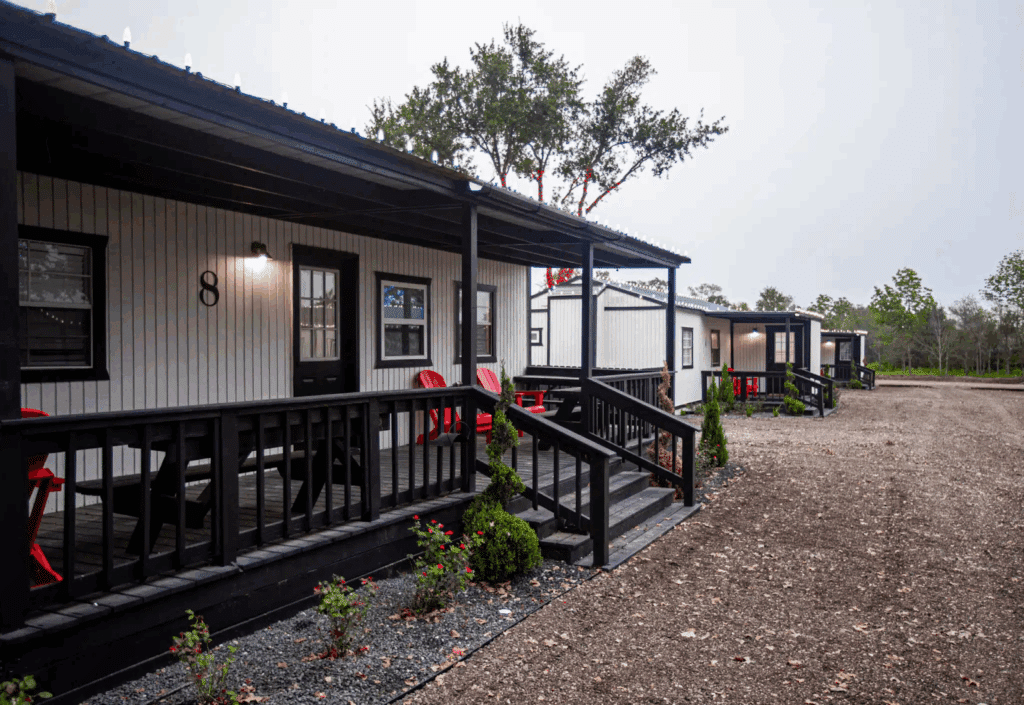 Exterior of a cabin for rent in Madisonville, TX at Yuletide RV Park