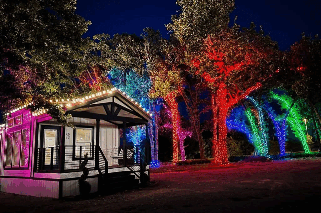 Exterior of cabins for rent at Yuletide RV Park in Madisonville, TX.