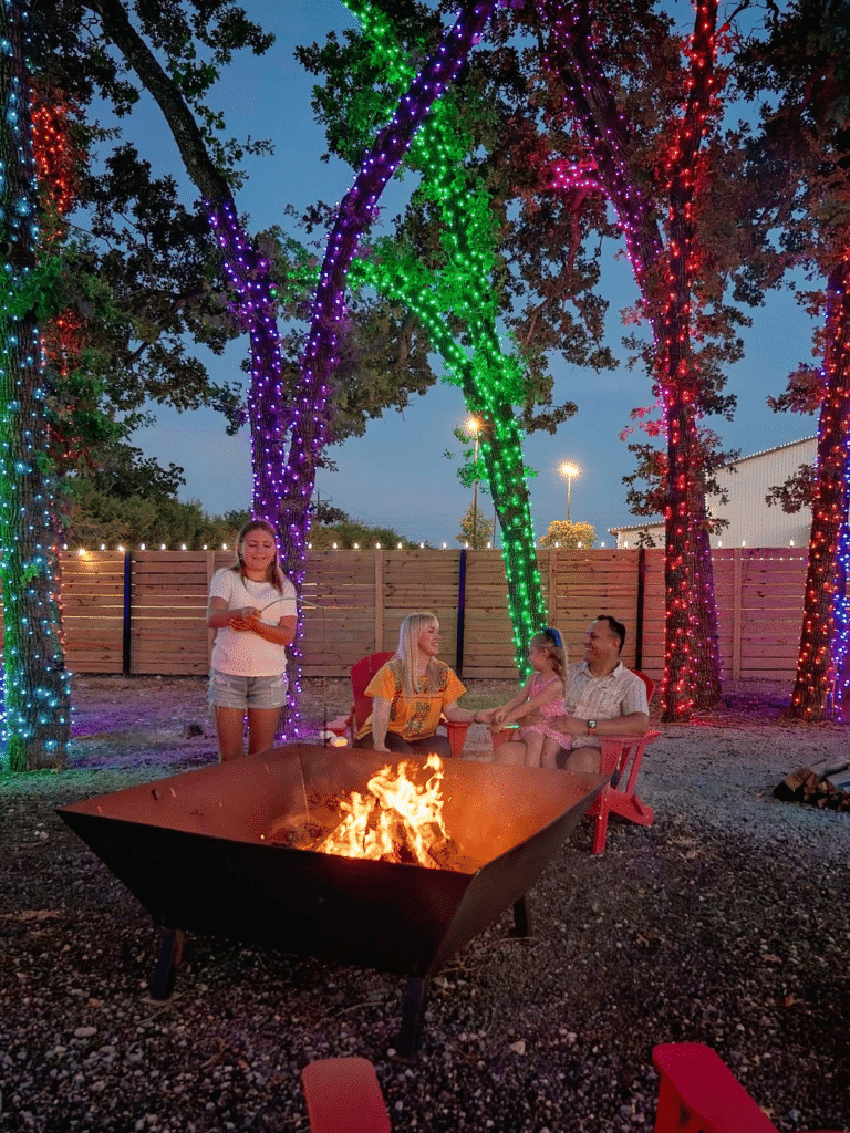Large, community fire pit at Yuletide RV Park in Madisonville, TX.